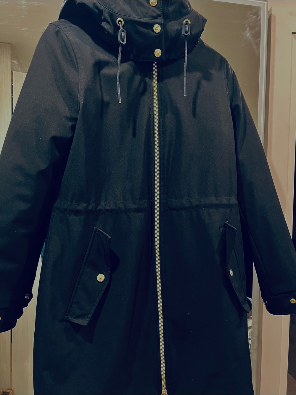 Moose Knuckles Black Hooded Raincoat with Gold Hardware